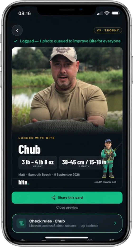 A logged catch with its share card: species, weight and length