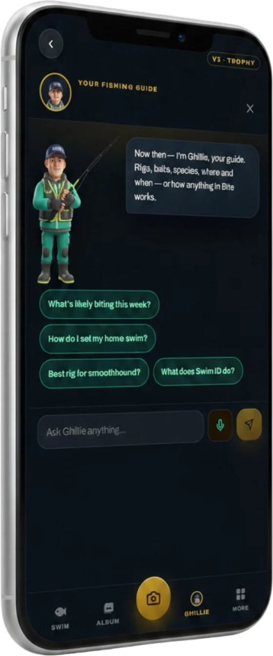 The Ghillie chat screen, with suggested questions about rigs, species and how the app works